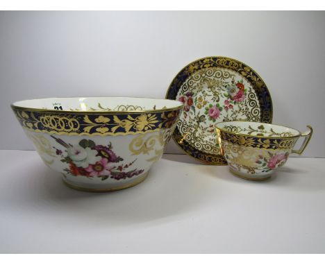 REGENCY TEAWARE, Swansea-style collection of 10 floral and gilded "London shape" tea cups, 14 saucers and waste bowl