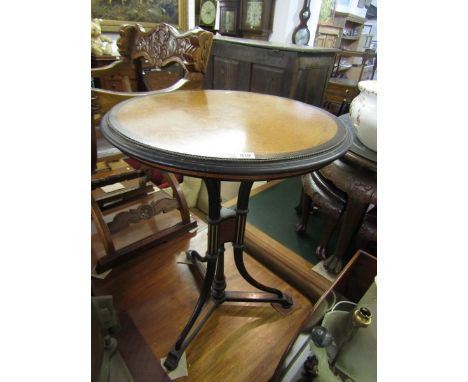 FINE VICTORIAN TRIPOD BASE SUPPER TABLE, ebony and burr circular topped supper table on gilt fluted tripod base with splayed 