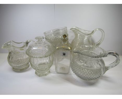 ANTIQUE GLASSWARE, 3 Georgian style cut glass jugs, also gilded square based decanter, lidded dish and 4 cut glass finger bow