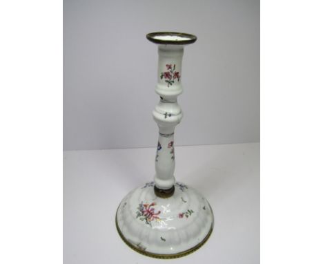 BILSTON ENAMEL, circular based floral decorated taper stick (some defects), 6" height