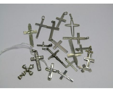 SILVER CROSSES, various silver crosses and crucifix, inc stone set and mother-of-pearl