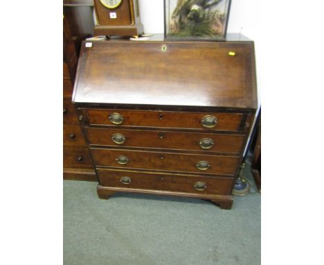 GEORGIAN MAHOGANY NARROW BUREAU, cross banded bureau of 4 long graduated drawers, stamped brass oval handles with fitted inte