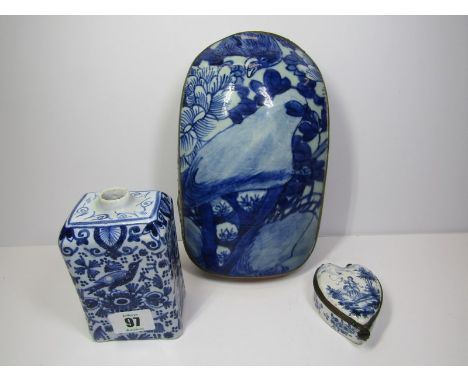 DELFT, rectangular tea caddy decorated with bird and heraldic crest, also heart shaped lidded Delft vanity box and oriental m