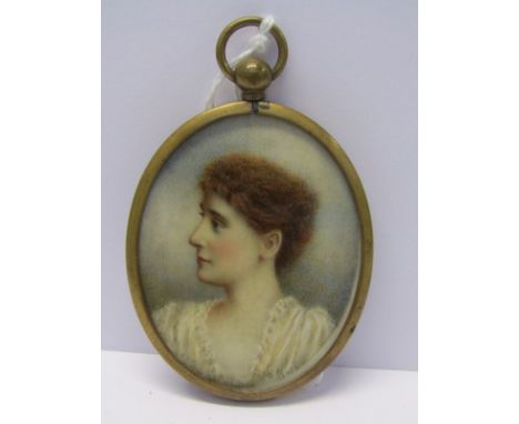 OVAL PORTRAIT MINIATURE, oval pendant set "Portrait of Young Lady in white silk blouse", signed R.Rosa