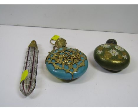 SCENT BOTTLES, cut glass phial, daisy decorated ceramic perfume flask and 1 other