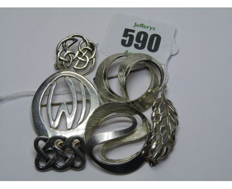 SILVER BROOCHES, collection of 6 silver brooches, inc celtic knit design and leaf design