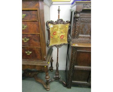 EARLY VICTORIAN EMBROIDERED POLE SCREEN, floral tapestry ornate scrolled framed adjustable pole screen, on scroll tripod base