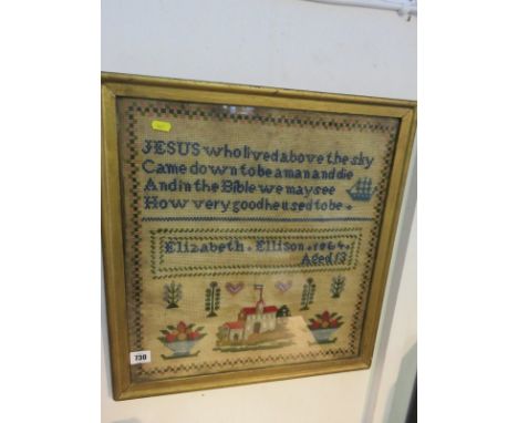VICTORIAN SAMPLER, coloured needlework pictorial sampler by Elizabeth Ellison, 1864, aged 13, 17.5" x 16"