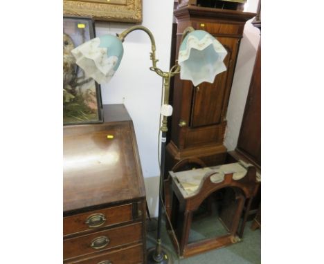 VINTAGE LIGHTING, brass support twin branch floor standing light with crinoline milk glass shades