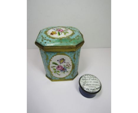 BILSTON ENAMEL, a sweetheart verse topped patchbox and turquoise ground enamel square base tea caddy with floral decoration, 