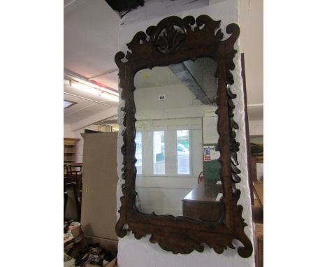 CHIPPENDALE WALNUT MIRROR, ornate fretwork and carved fruit detail wall mirror, 36" height 21" width