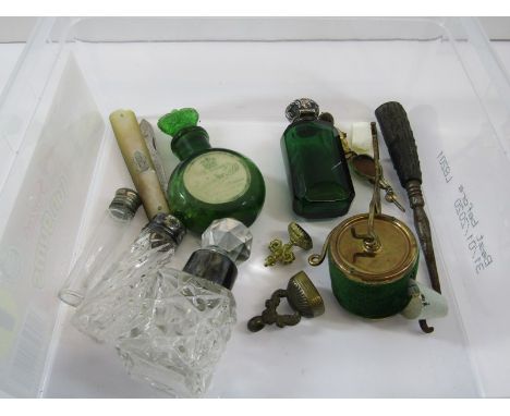 SCENT BOTTLES, silver capped emerald glass scent bottle, also 3 others and novelty garden roller tape measure, silver bladed 