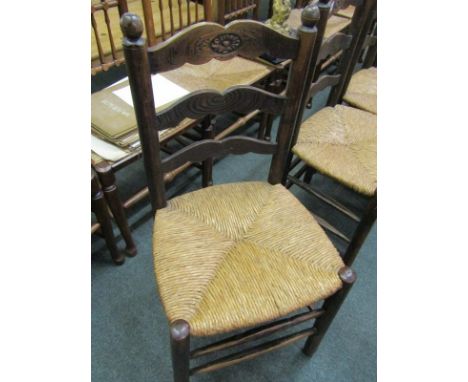 COUNTRY CHAIRS, set of 6 ladder back ash and elm rush seated country chairs