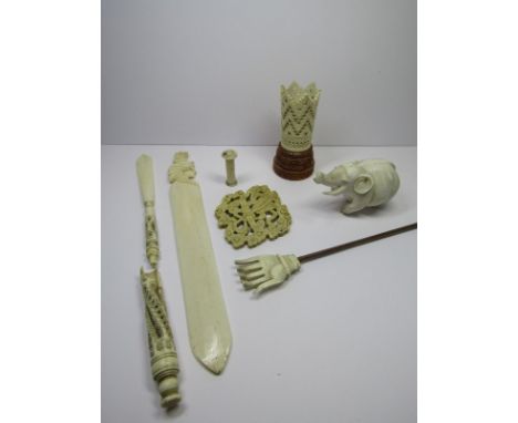 STANHOPE PAPERKNIFE a/f, carved bone back scratcher, antique ivory carved elephant and similar bone carving