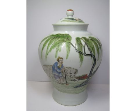 ORIENTAL CERAMICS, Famille Rose inverted baluster lidded vase 8.5" decorated with Elephants within Courtier's Garden, Chinese