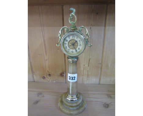 EDWARDIAN MANTEL CLOCK, a circular base alabaster brass mantel clock with a drum casing