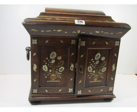 FINE 19TH CENTURY SEWING CABINET, rosewood mother-of-pearl inlaid tabletop cabinet of twin floral decorated doors, enclosing 