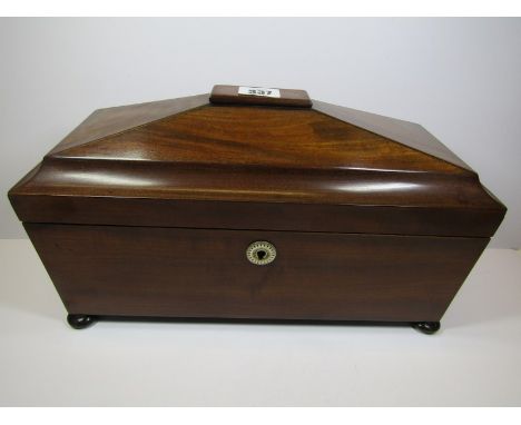 EARLY 19th CENTURY TEA CADDY, mahogany sarcophagus shaped triple section tea caddy with unusual square section mixing bowl an