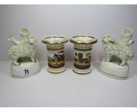 STAFFORDSHIRE, pair of Staffordshire encrusted sheep vases a/f, also pair of Regency gilded splayed rim spill vases painted w