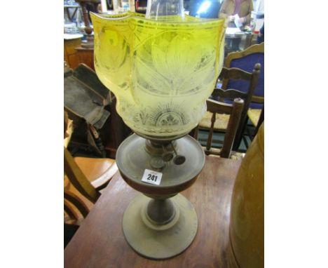 ART NOUVEAU OIL LAMP, copper circular oil lamp with yellow frosted glass, hexagonal shade