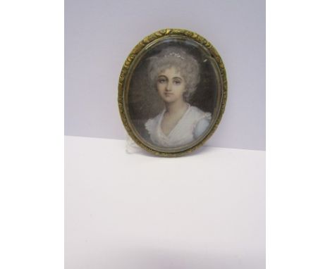 LATE GEORGIAN PORTRAIT MINIATURE IN GILT PENDANT FRAME, "Portrait of Young Lady with Lace Shawl"