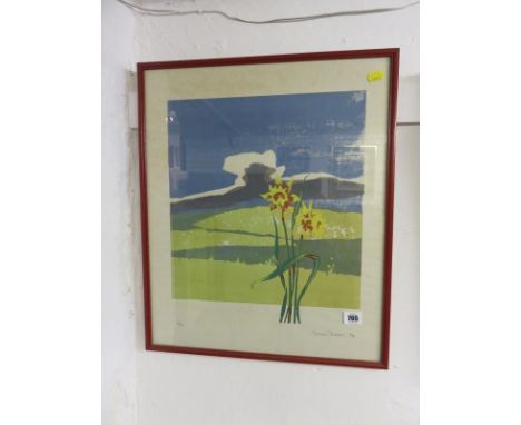 SIMON DOBBS, signed limited edition screen print dated 1974, "Daffodils", 15" x 13.5"