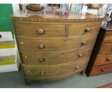 MID VICTORIAN BOW FRONT CHEST, cross banded mahogany bow front of 2 short and 3 long graduated drawers, wooden knop handles a