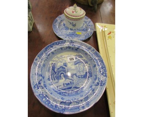 BLUE TRANSFERWARE, pair of "Gateway" pattern soup plates by Clews and similar Spode tea plate; also Dresden floral and gilded