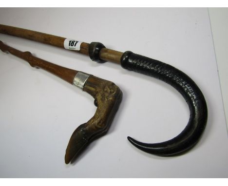 WALKING STICKS, alpine horn grip walking stick, also hoof grip and silver mounted walking stick