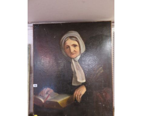 VICTORIAN PORTRAIT, 19th Century oil on canvas, "Portrait of Lady in Lace Bonnet reading Bible", 30" x 25"