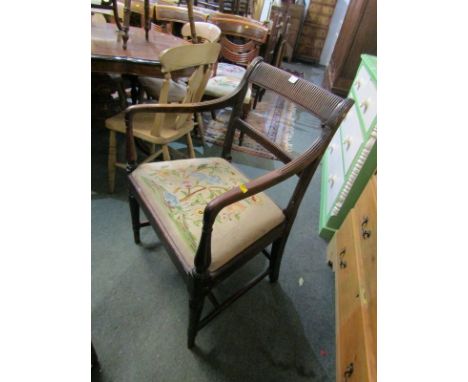 REGENCY OPEN ARMCHAIR, mahogany carved ribbed back chair with tapestry inset seat and tapering legs