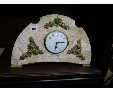 ART DECO CLOCK, a French veined marble domed top mantel clock with applied rosebud gilded decoration, 10" height