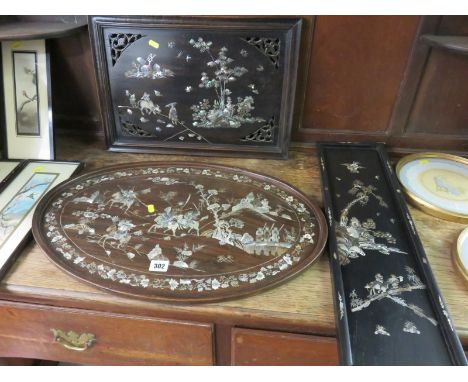 EASTERN PANELS, Chinese mother-of-pearl inlaid oval tray, decorated with Samurai Warriors, also 2 similar mother-of-pearl inl