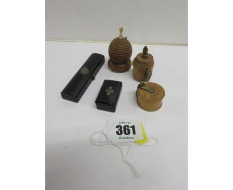 TREEN, 3 Treen carved boxwood miniature tape measures, one in the form of a fishing reel, the other in the form of a barrel e