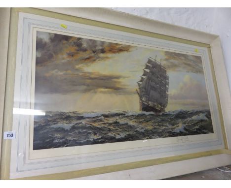 MONTAGUE DAWSON, signed colour print, "Sailing Clipper at Sunset", 17" x 32"