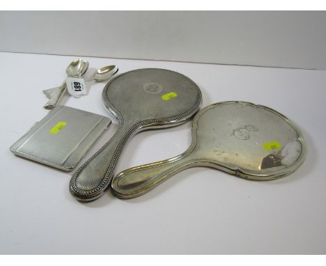 ART DECO CIGARETTE CASE, Birmingham 1935 with engine turned decoration &amp; 5 silver tea spoons 6.5oz also 2 silver backed h