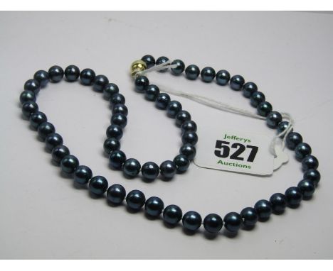 SINGLE STRAND OF CULTURED BLACK PEARLS, 18" length, 9ct gold pearl shaped clasp, pearls have an unusual iridescent blue hue, 
