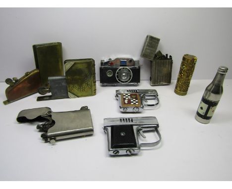 CIGARETTE LIGHTERS, 2 book design pocket lighters, novelty camera and 2 revolver design lighters and 4 others