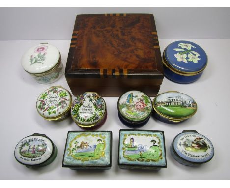 2 ANTIQUE ENAMELLED SWEETHEART PATCH BOXES, together with 8 modern patch boxes and parquetry cigarette box