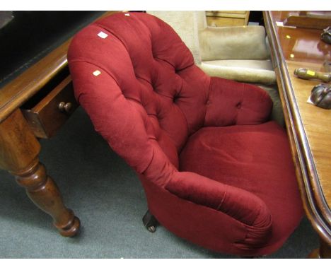 VICTORIAN BUTTON BACK NURSING CHAIR, red upholstery with original castors