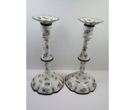 BILSTON ENAMEL, pair of floral decorated scalloped base 10" candlesticks with detachable sconces (some damage)