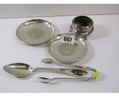 SOUVENIR SILVER, 2 silver pin trays with oriental silver coins inset, stamped silver made in Hong Kong, together with circula