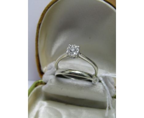 9ct WHITE GOLD LADIES WEDDING SET, illusion set diamond cluster in the form of solitaire and 9ct gold matching wedding band, 
