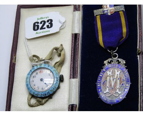 SILVER &amp; ENAMEL LADIES WRIST WATCH with pin set movement and silver Independent Order of Odd Fellows, Manchester Unity Je