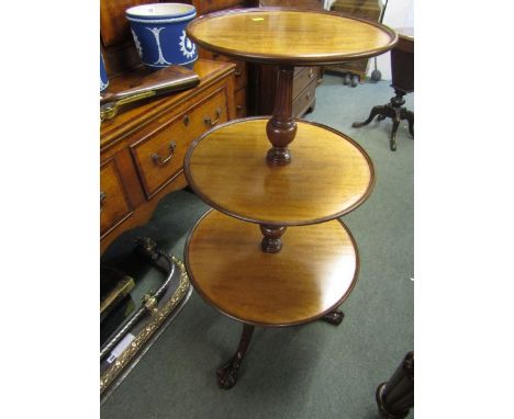 GEORGIAN DESIGN 3 TIER GRADUATED DUMB WAITER, carved ball and claw tripod cabriole base with dish top graduated sections