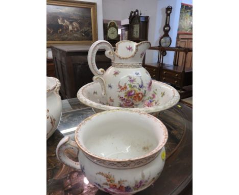 DRESDEN, gilt and floral decorated wash basin jug and chamber (some damage to chamber pot)