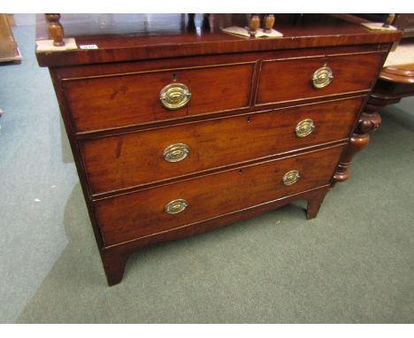 EARLY 19TH CENTURY MAHOGANY CHEST OF DRAWERS, straight front chest of 2 short and 3 long drawers, stamped oval brass handles 