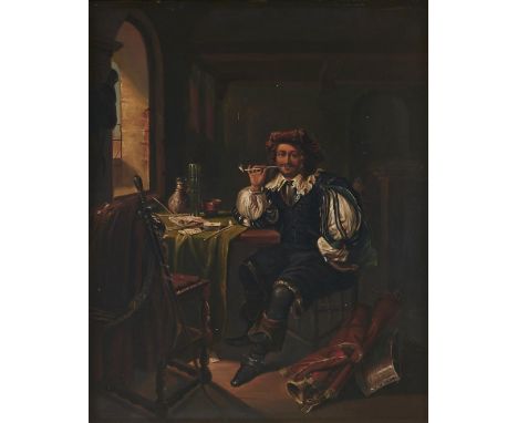 After Franz van Mieris the Elder - A Cavalier Smoking in an Interior, oil on board, 38 x 30.5cm  In apparently good condition