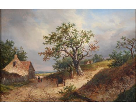 Joseph Thors (1835-1884) - Two Figures on a Country Road by a Cottage, signed, oil on canvas, 23 x 34cm  Small old patch repa