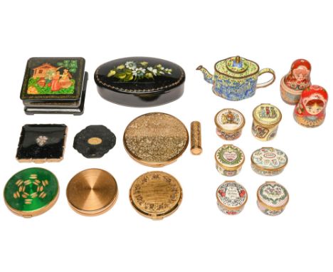 Six Halcyon Days and other enamel boxes, 1990's - early 21st c, various sizes, several mid-century modern powder compacts, a 